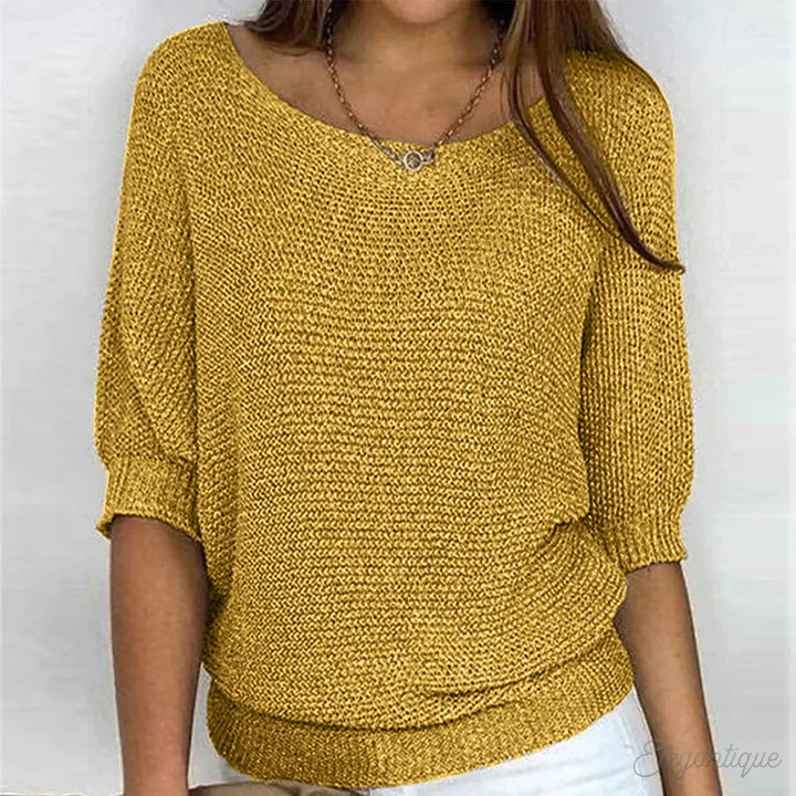 Lightweight knit sweater in mustard yellow, scoop neck with small button, 3/4 sleeves