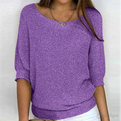 Lightweight knit sweater in purple, scoop neck with small button, 3/4 sleeves