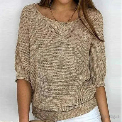 Lightweight knit sweater in beige, scoop neck with small button, 3/4 sleeves