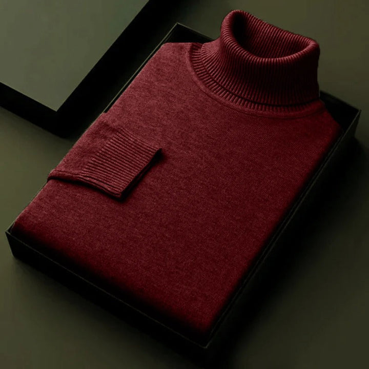 Red soft turtleneck sweater, ribbed collar and cuff on box