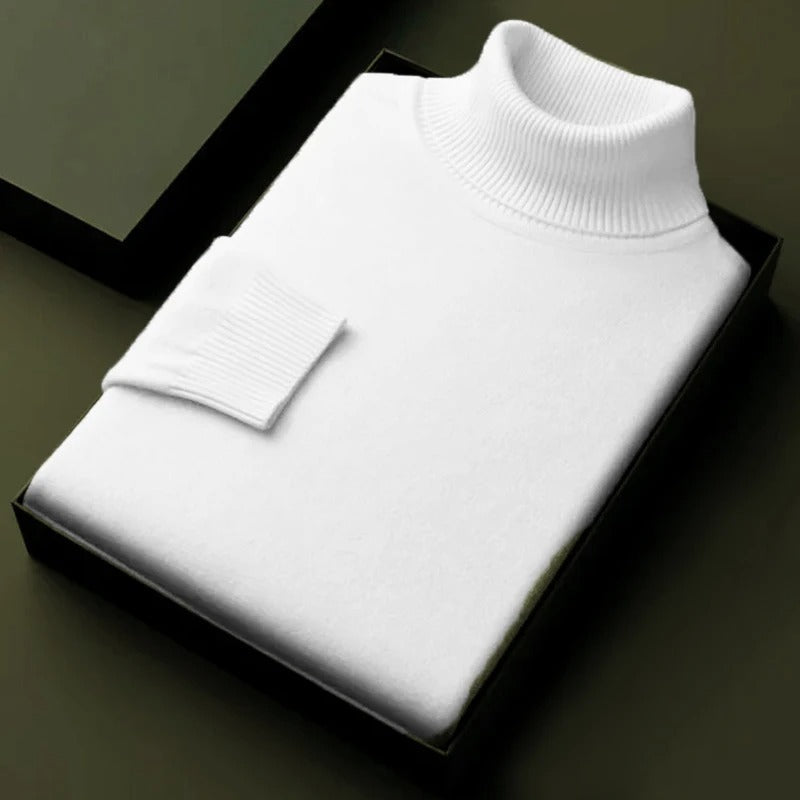 White soft turtleneck sweater, ribbed collar and sleeve cuff on box