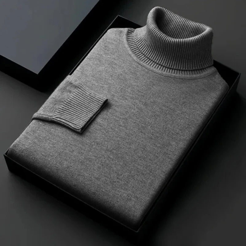 Heather gray soft turtleneck sweater, ribbed collar and cuff on box