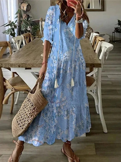 Boho tummy coverage dress, light blue with floral pattern, short sleeves