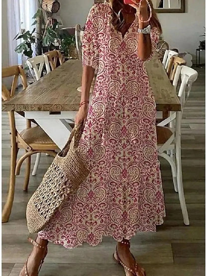 Boho tummy coverage dress, rust red and cream ornate damask print, short sleeves