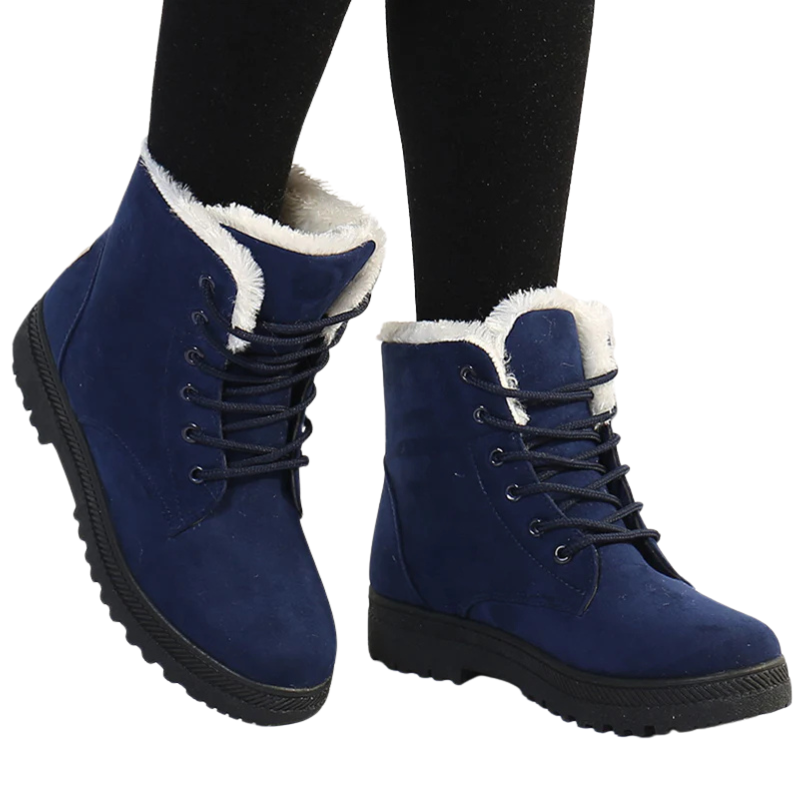 Blue ankle boots with faux-fur trim, lace-up eyelets, chunky rubber sole
