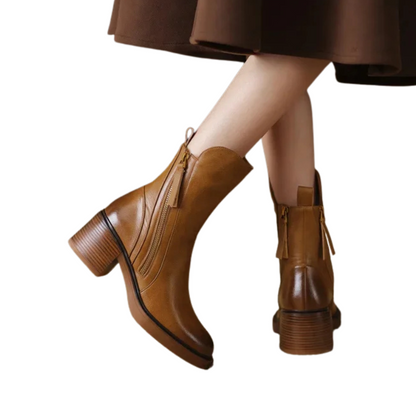 Brown platform ankle boots with side zipper and tassel pull straps