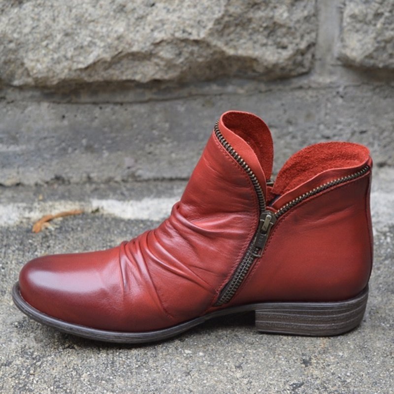 Red leather ankle boots with side zipper and low block heel