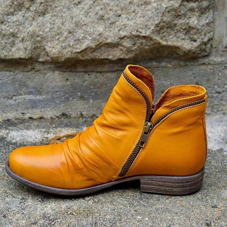 Yellow leather ankle boots with side zipper and low block heel