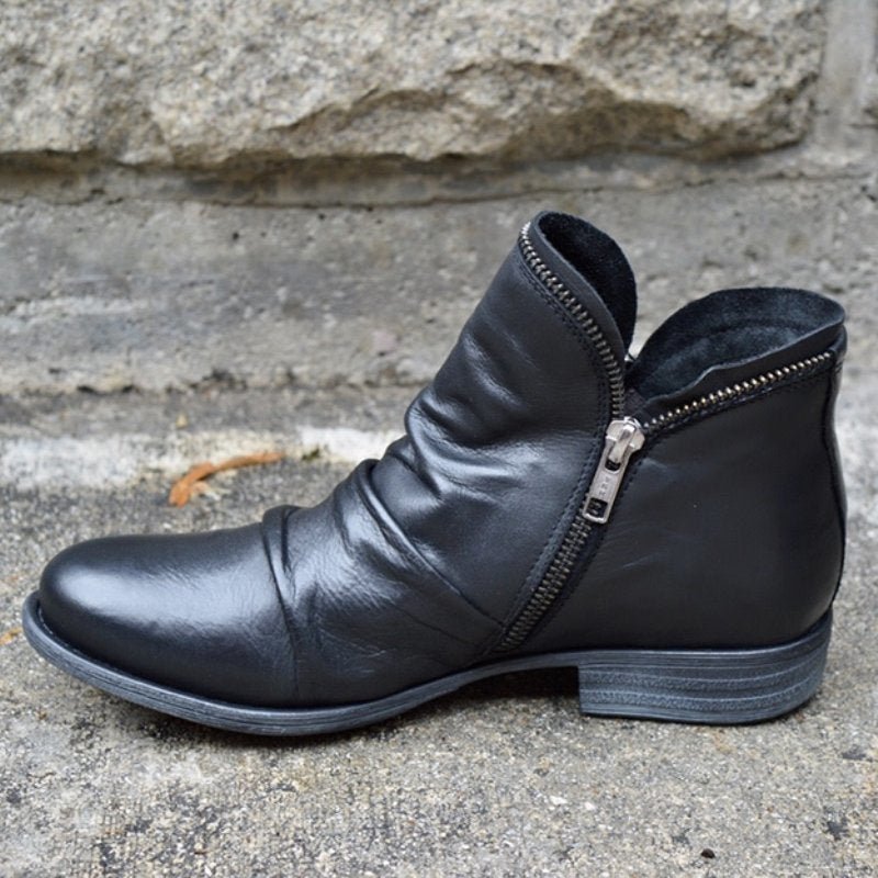 Black leather ankle boots with side zipper and low textured block heel
