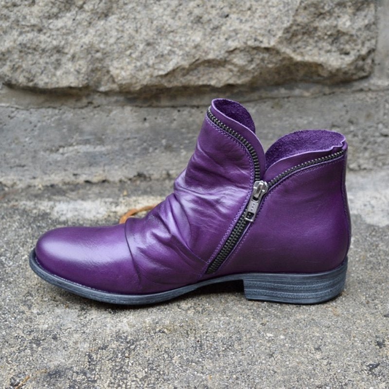 Purple leather ankle boots with side zipper and low block heel