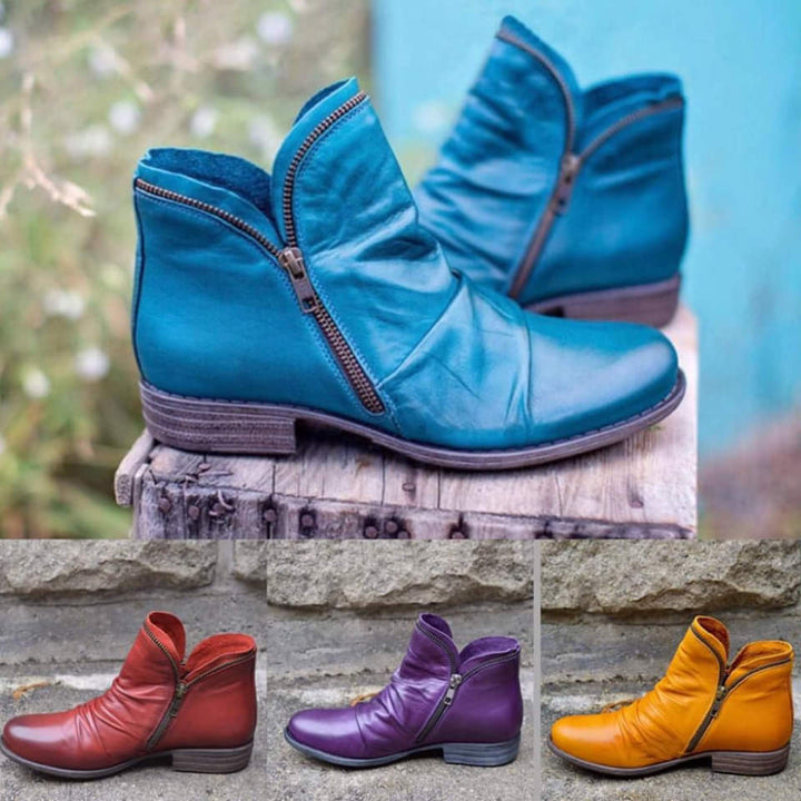 Set of leather ankle boots: red, purple, and orange with side zippers and low heels