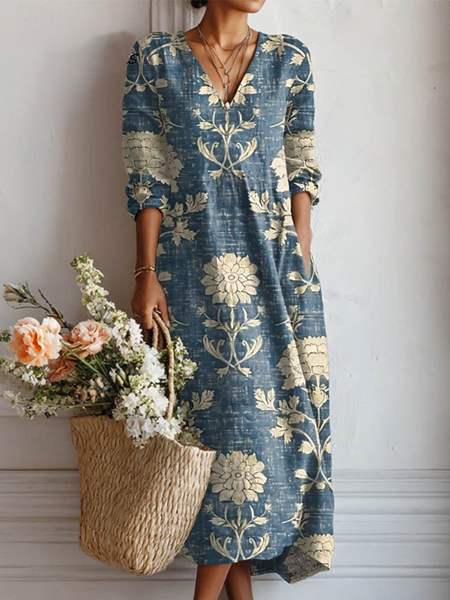 Everyday comfort dress in blue with cream floral and vine print, V-neck, long sleeves