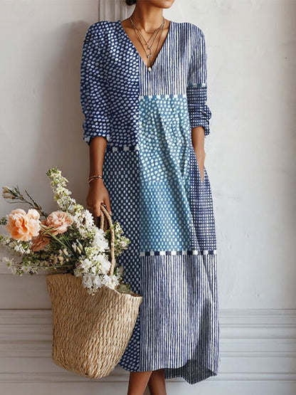 Everyday comfort dress, V-neck button front, long sleeves, blue/white dot-and-stripe