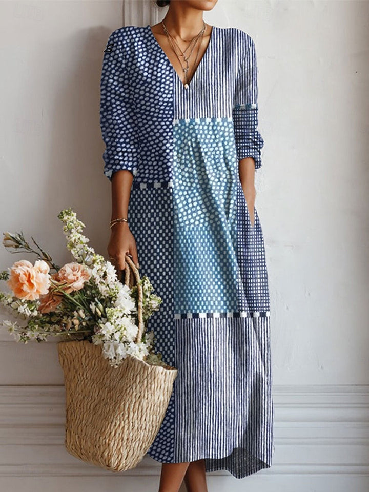 Everyday comfort dress, V-neck button front, long sleeves, blue/white dot-and-stripe