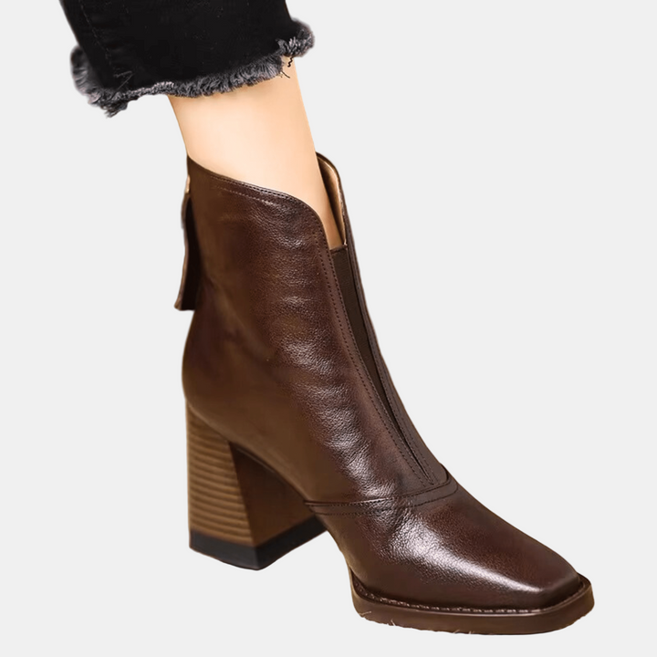 Dark brown heeled ankle boots with side seam and block heel