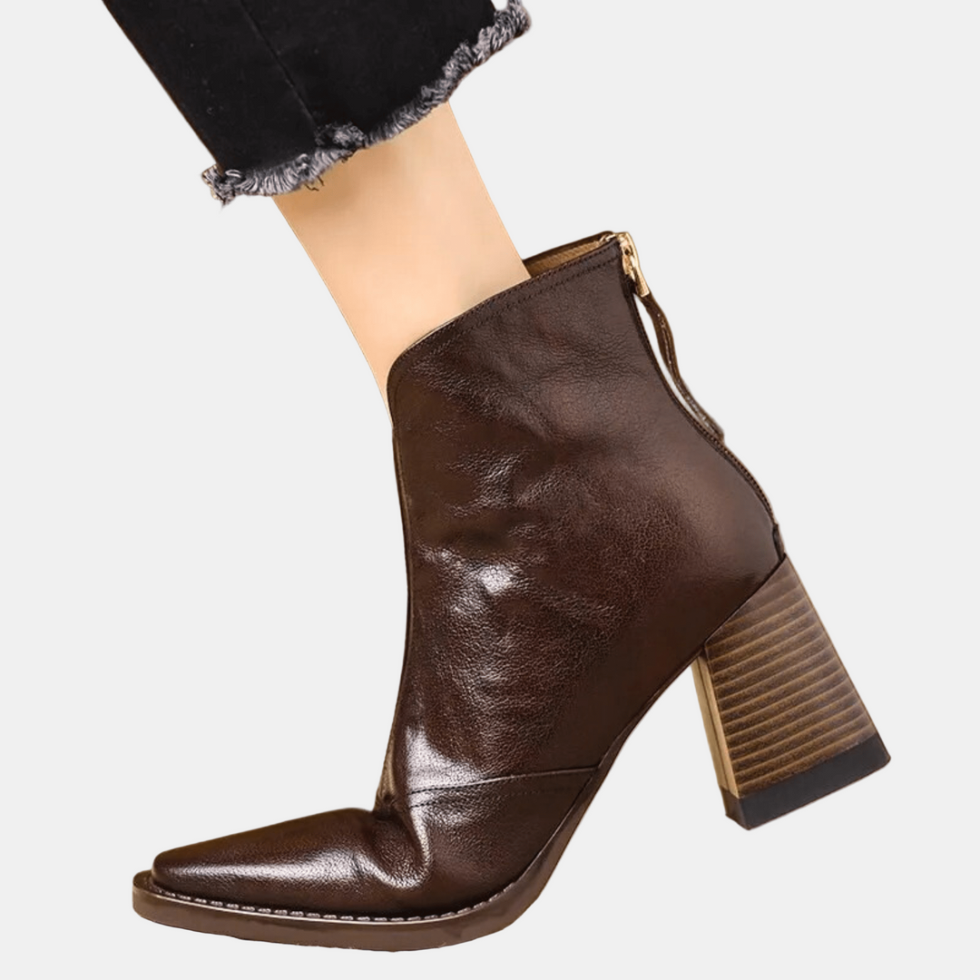 Dark brown heeled ankle boots with side zipper and block heel