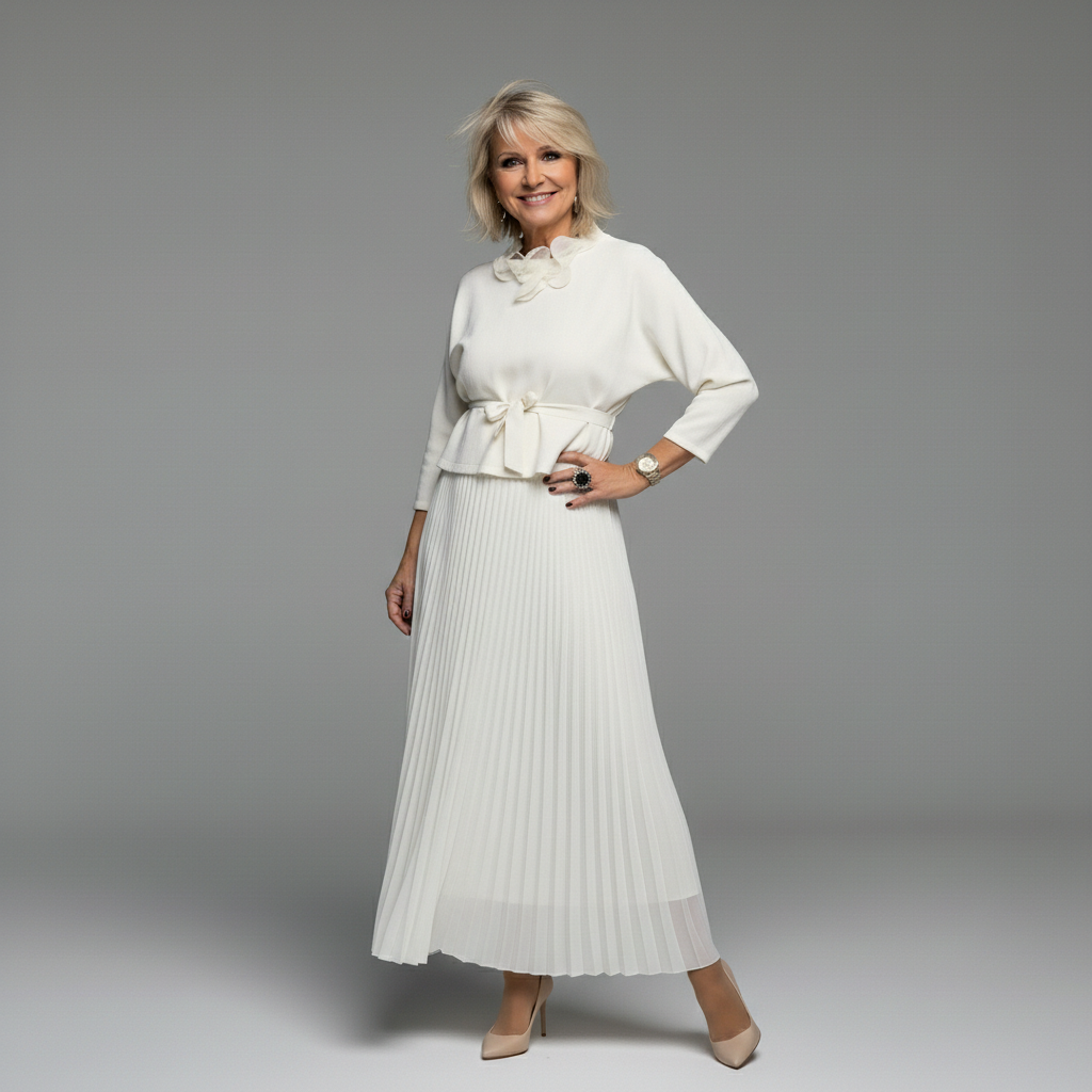 White knit layered dress set with ruffled neck and tied waist, pleated midi skirt