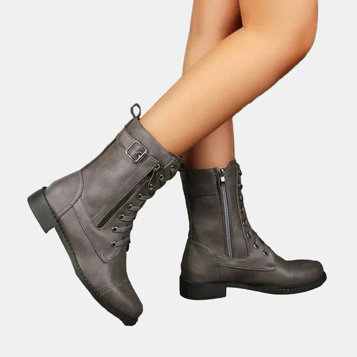 Gray round-toe lace-up fall boot with side zipper and chunky sole