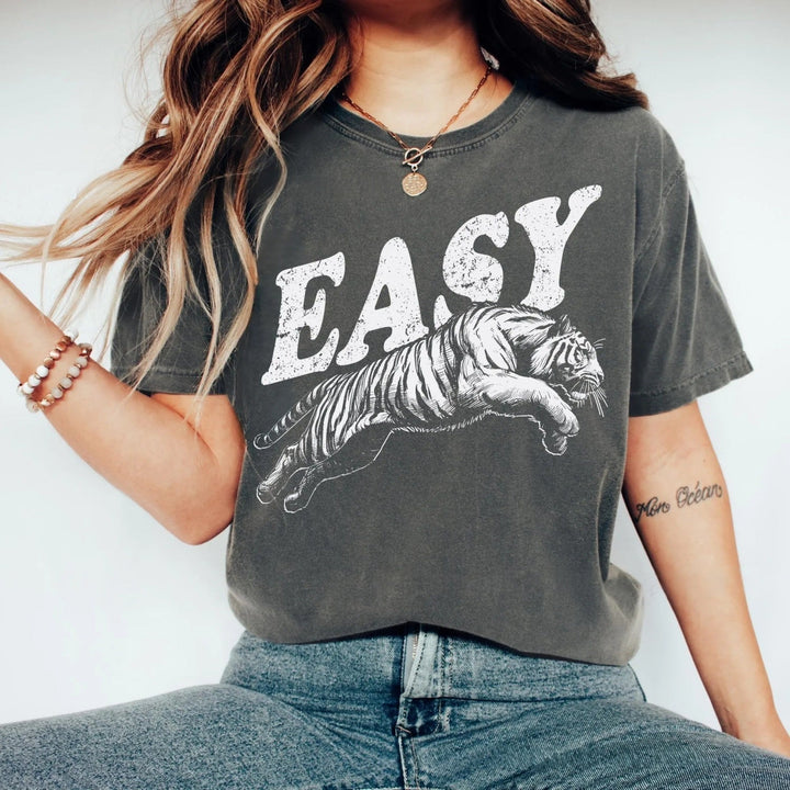 Dark grey casual streetwear top with EASY tiger graphic on front