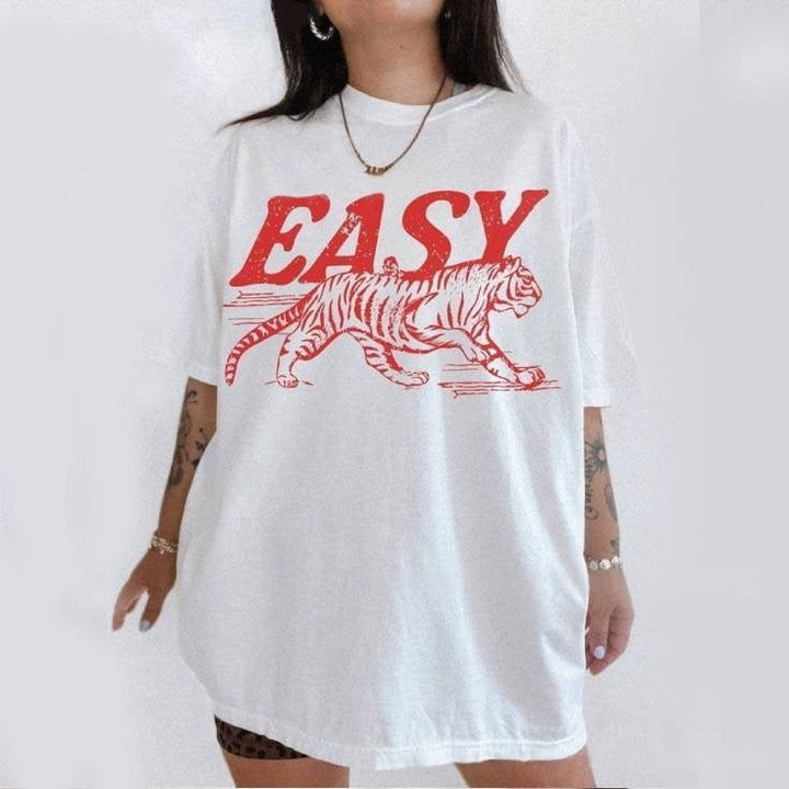 White casual streetwear top with red EASY tiger graphic on front