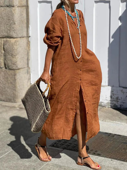 Casual long button-front dress, brown, V-neck, long sleeves, front buttons, side slit