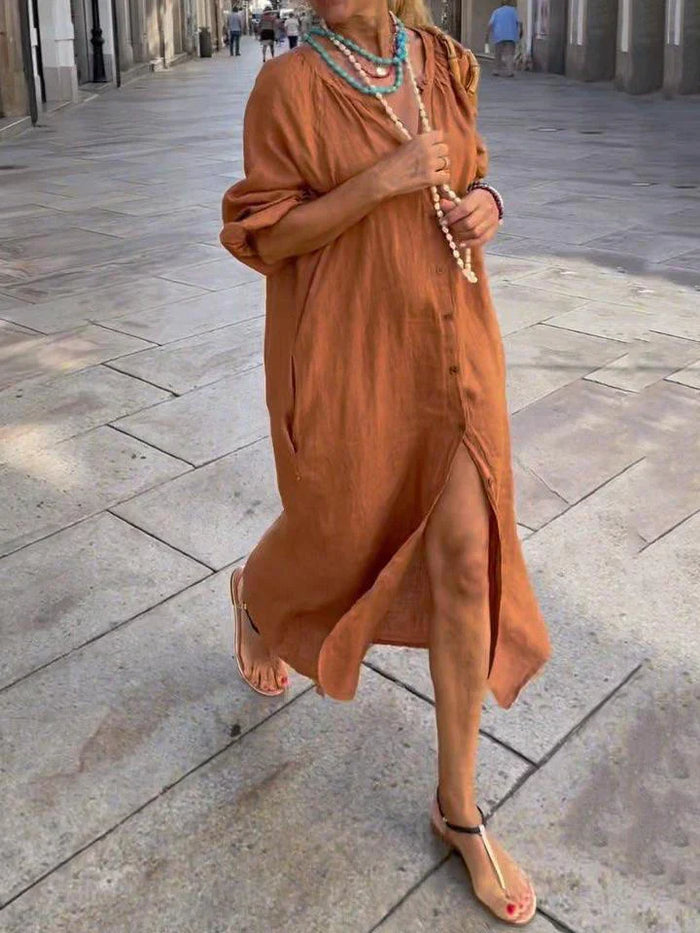 Casual long button-front dress, rust-brown, long sleeves, V-neck, side slit