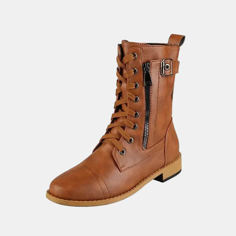 Tan round-toe lace-up fall boot with side zipper and buckle strap