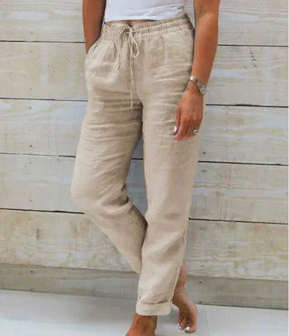LUMEN drawstring pants in khaki with elastic waist and tapered ankle-length legs