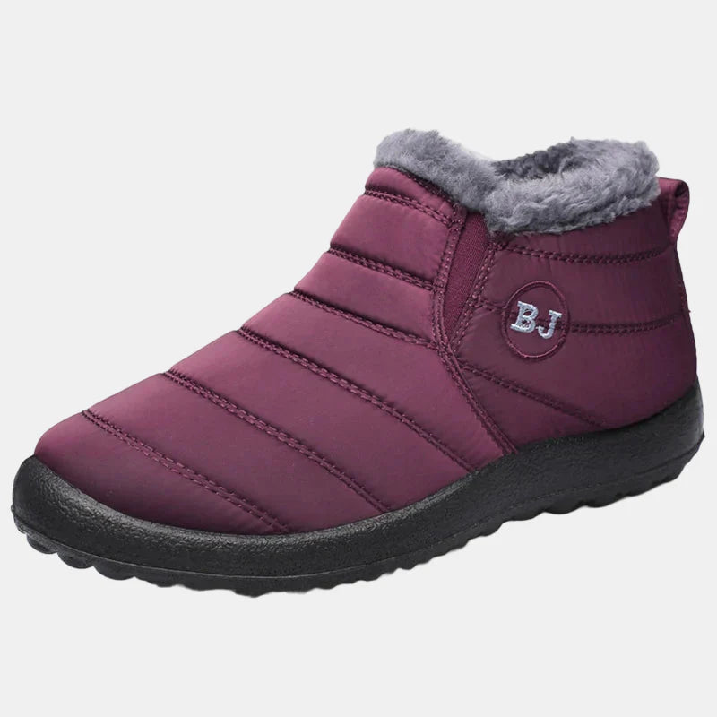 Burgundy waterproof winter ankle boots with gray faux-fur lining and BJ emblem