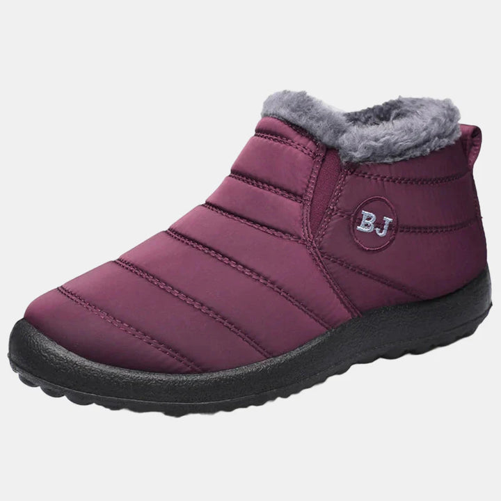 Burgundy waterproof winter ankle boots with gray faux-fur lining and BJ emblem