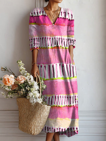 Pink striped everyday comfort dress with V-neck, long sleeves, and multicolor trim