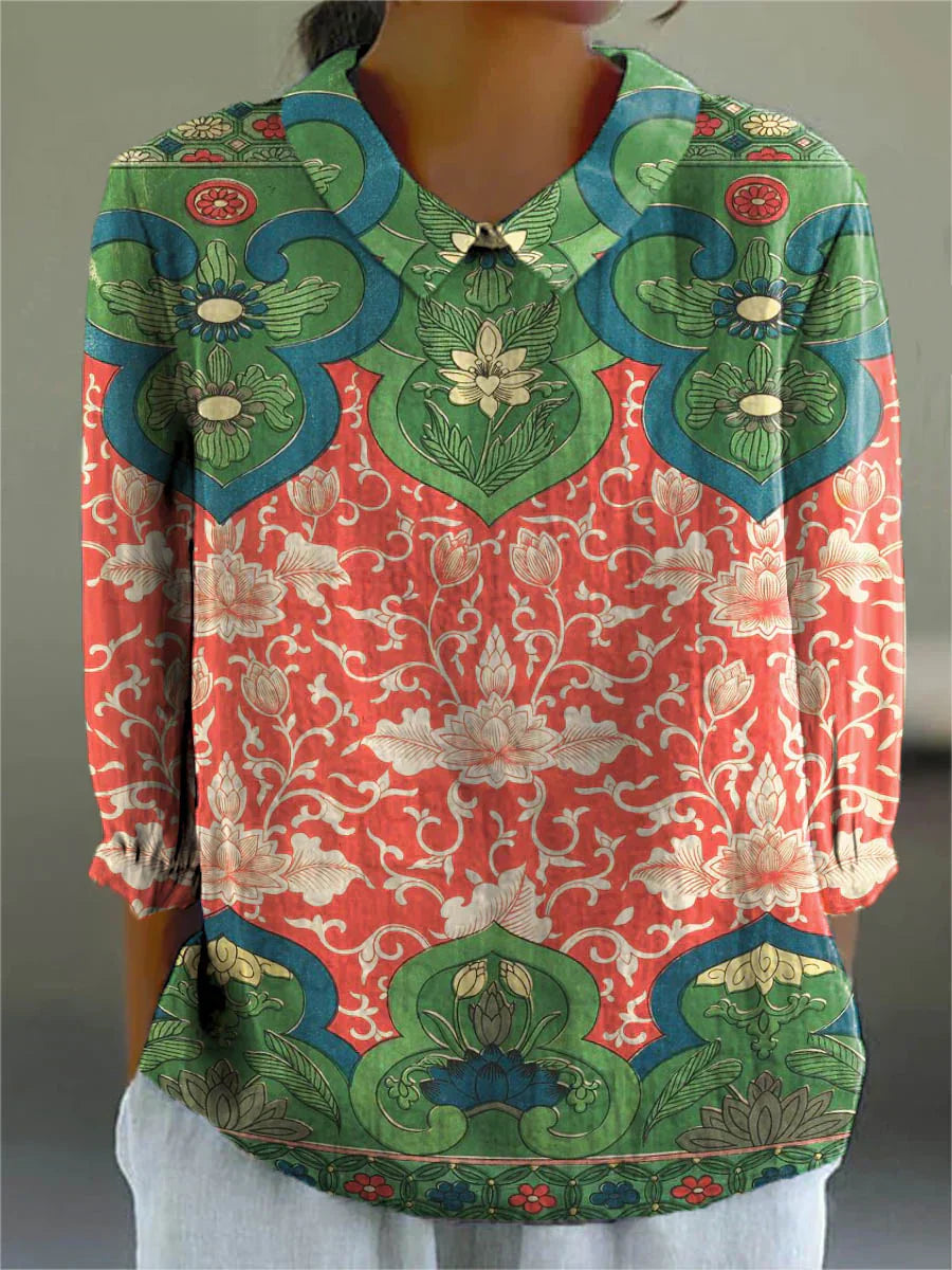 Floral print blouse with green and red patchwork, V-neck with tie, long sleeves