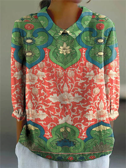 Floral print blouse with green and red patchwork, V-neck with tie, long sleeves