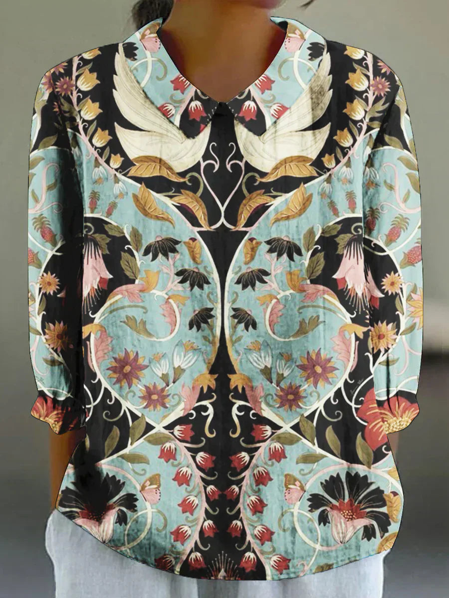 Tapestry blouse, V-neck, black and light-blue floral print, three-quarter sleeves